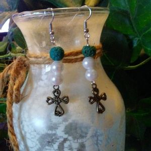 Dangle Earrings - Cross charm w/beads